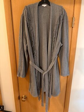 J. Jill Women’s Waffle Knit Fringe Belted Cardigan Sweater Gray Plus Size 3X